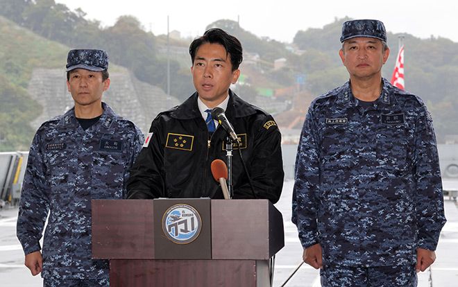 Defence Minister Shinjiro Koizumi addressing reporters after inspecting the destroyer [I]Kumano[/I] at the Yokosuka naval base in Kanagawa Prefecture on 25 October.