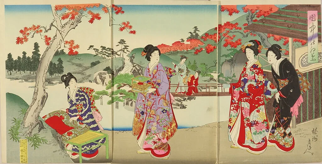 Toyohara Chikanobu (豊原周延, 1838–1912), Beauties in a garden, Enchu no momiji (Autumn leaves in a garden)
