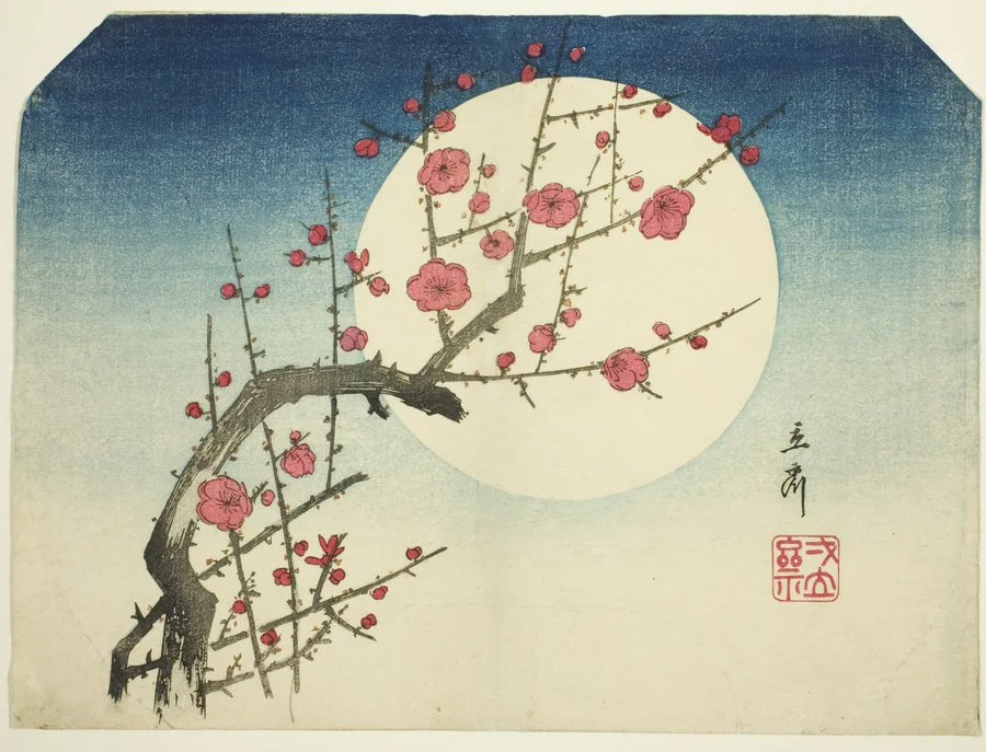 Utagawa Hiroshige (歌川広重), A Red Plum Branch against the Summer Moon (夏月に対する赤い梅の枝), c.1840