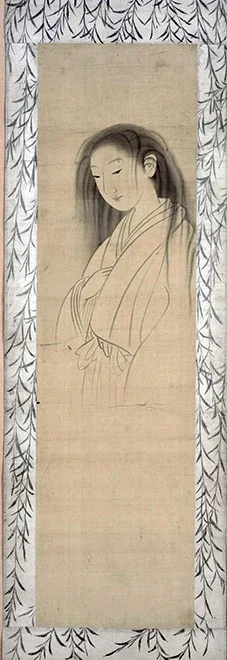 Kenpon Bokuga Tansai Hangonko no Zu” (ink drawing on silk canvas with light coloring, ghost appearing from incense, 1781)