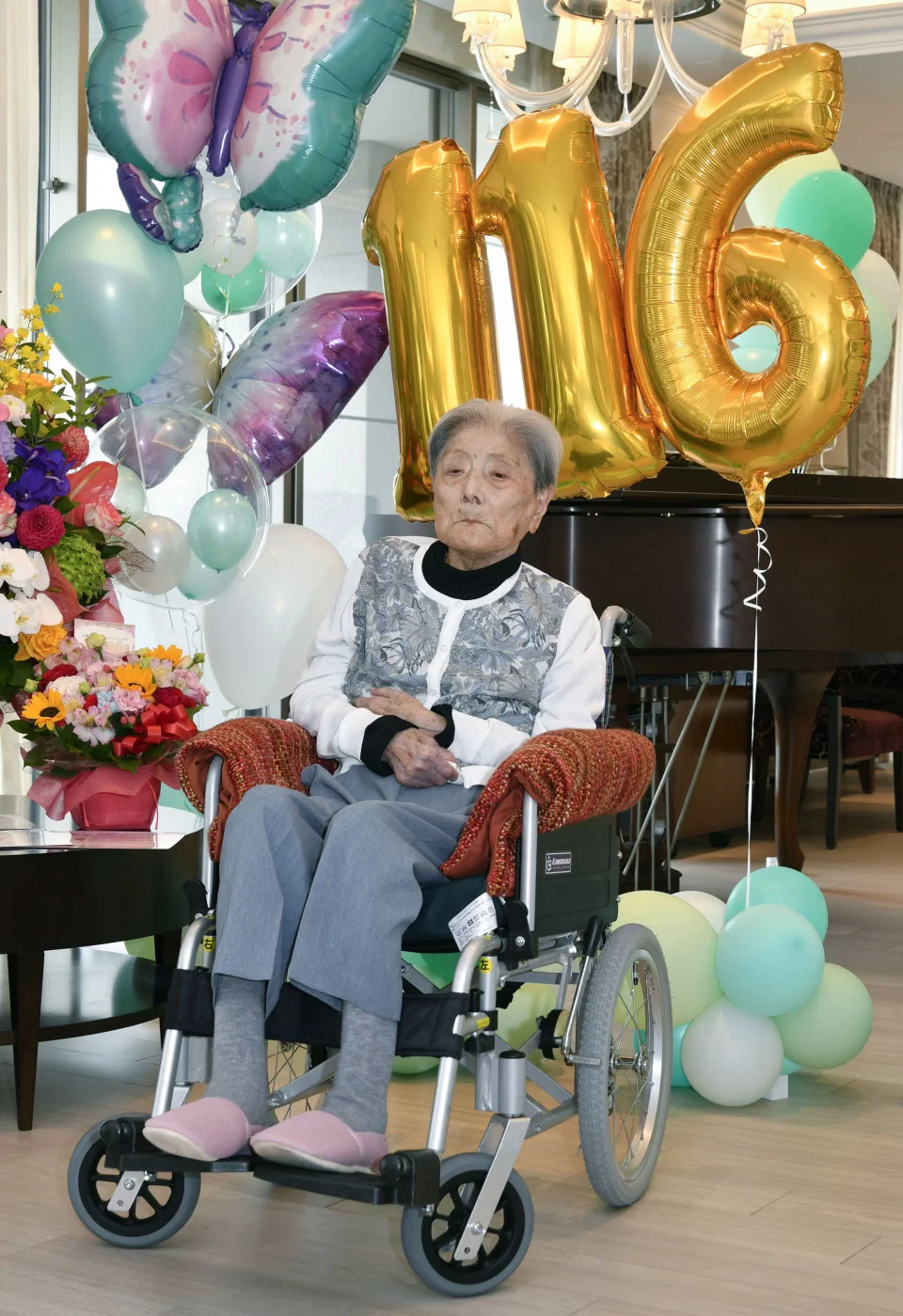 Tomiko Itooka celebrating her 116th birthday on 23 May 2024, in Ashiya