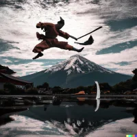 DALL·E 2023-02-19 19.44.41 - a photo of a samurai in front of mount fuji jumping in the air s...webp