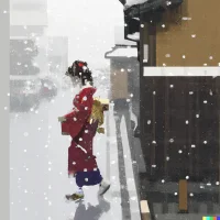 DALL·E 2023-02-19 19.46.10 - a pixelated geisha walking though the snowy streets of kyoto.webp