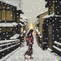 DALL·E 2023-02-19 19.46.18 - a pixelated geisha walking though the snowy streets of kyoto.webp