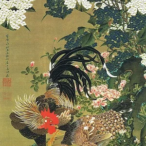 Hydrangea and two chickens