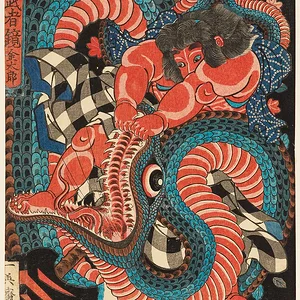 Kintaro grappling with a snake