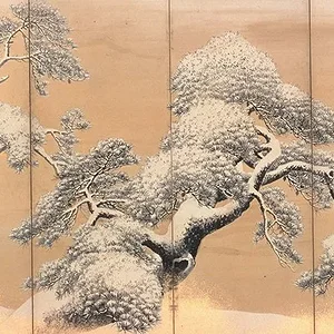 Snow on pines (left panel)