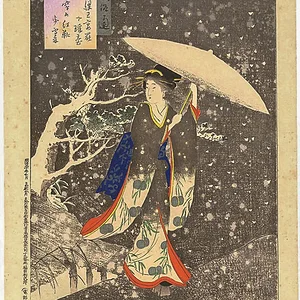 Woman walking in the snow at night
