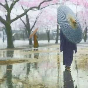 Women in kimono viewing sakura (Hand-colored)