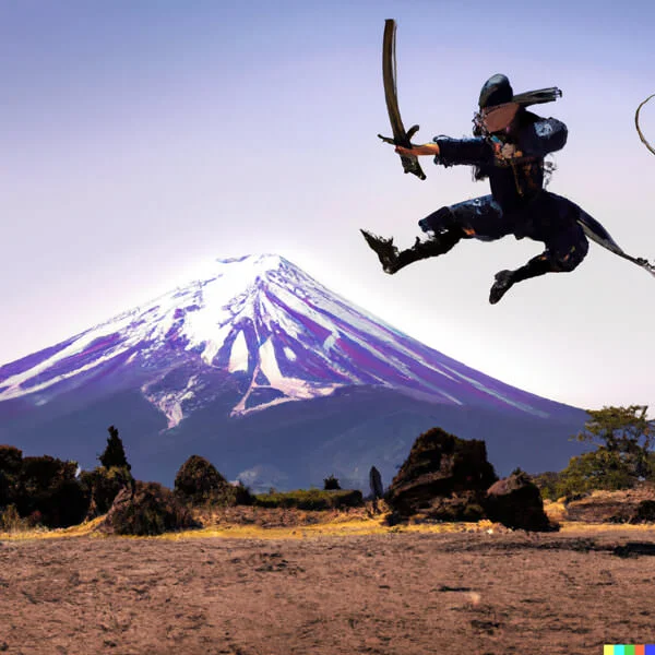 DALL·E 2023-02-19 19.44.45 - a photo of a samurai in front of mount fuji jumping in the air sw...jpg