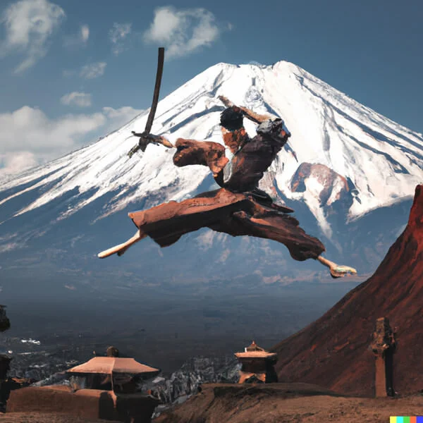 DALL·E 2023-02-19 19.44.49 - a photo of a samurai in front of mount fuji jumping in the air sw...jpg
