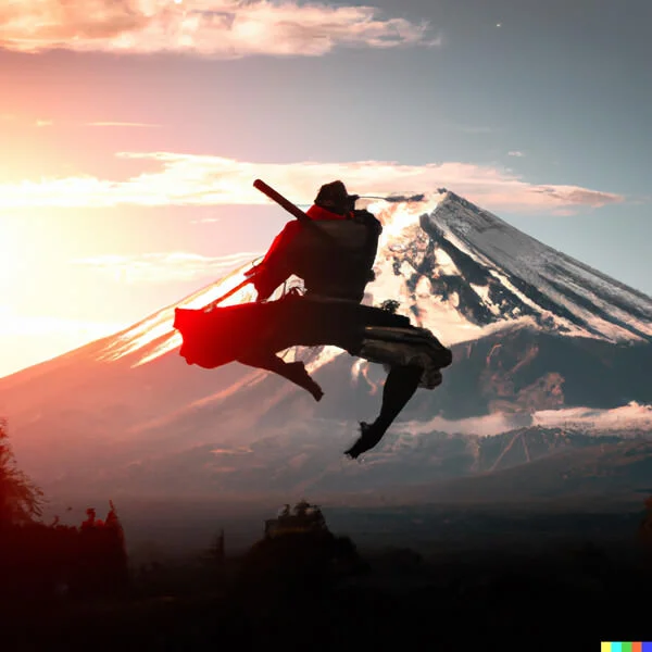 DALL·E 2023-02-19 19.44.54 - a photo of a samurai in front of mount fuji jumping in the air sw...jpg