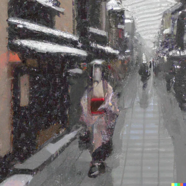 DALL·E 2023-02-19 19.46.21 - a pixelated geisha walking though the snowy streets of kyoto.jpg
