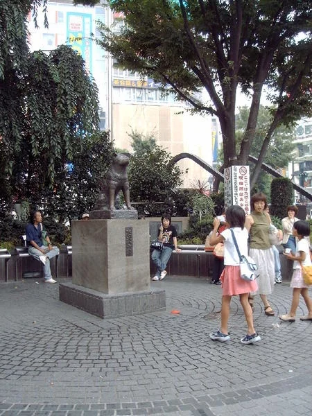 Little girl taking a picture to Hashiko's monument.