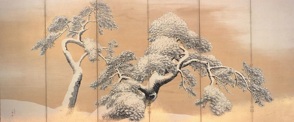 Snow on pines (left panel)