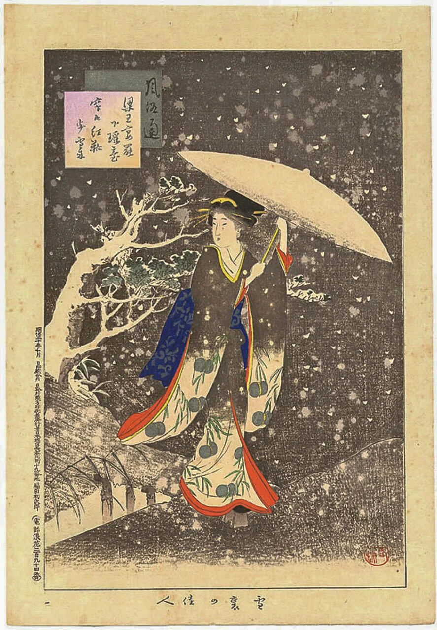 Woman walking in the snow at night